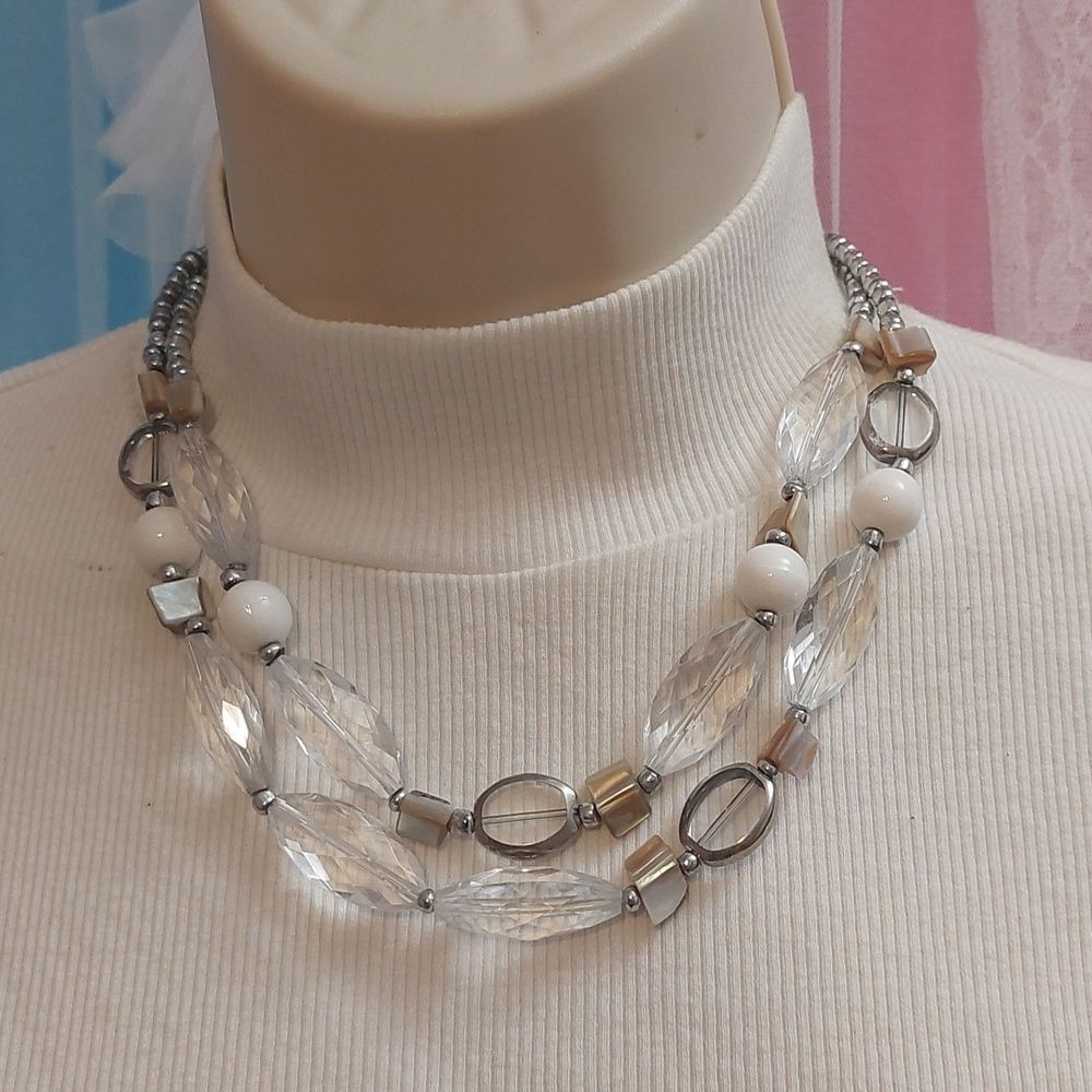 Mixed Media Double Strands Bead Necklace Plastic Metal and MOP Shell